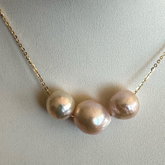 3 Cultured Pearls Floating on 14K Yellow Gold over 925 Silver Chain-Adjustable - Picture 7 of 11